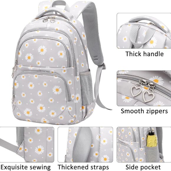 Createy Girls Daisy Backpack, Lunch Box, Pencil Case 3Pcs Black or Gray - Picture 9 of 15